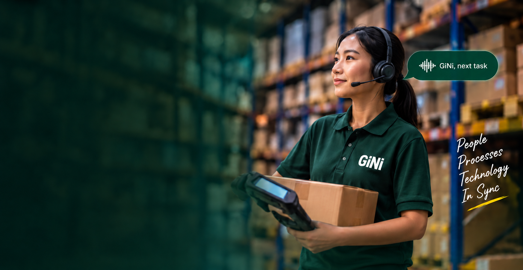 GiNi WES Warehouse Associate wearing headset